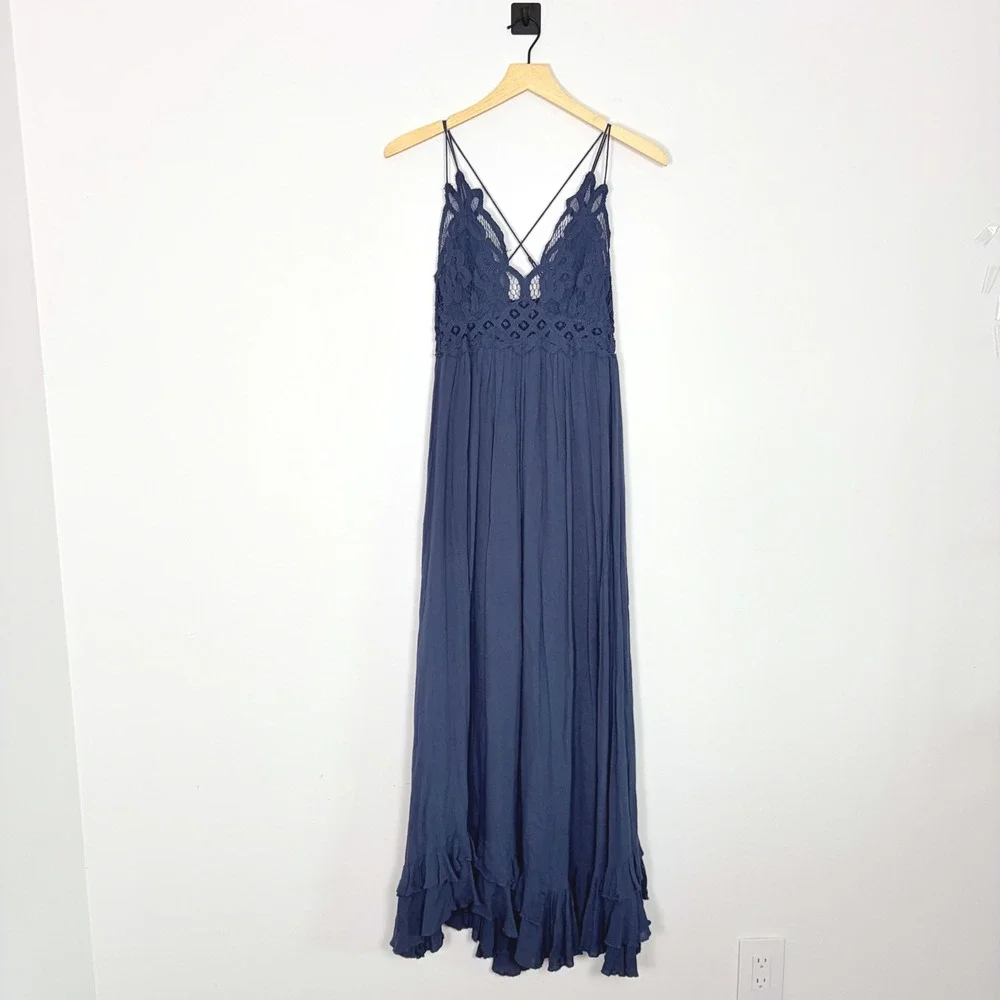Free People FP One Adella Maxi Slip Dress Navy Blue Crochet‎ Lace Ruffle Small